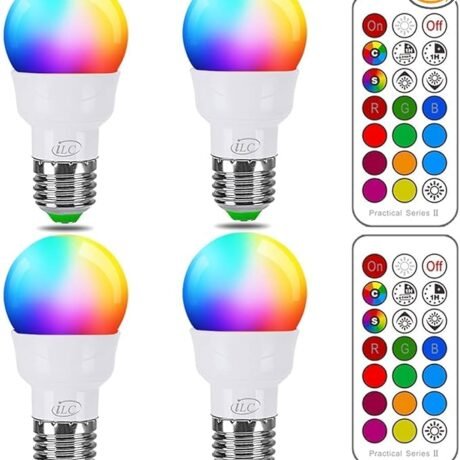 ILC RGB LED Color Changing Light Bulb, 40W Equivalent, 450LM, 2700K Warm White 5W E26 Screw Base RGBW, Flood Light Bulb- 12 Color Choices - Timing Infrared Remote Control (4 Pack)