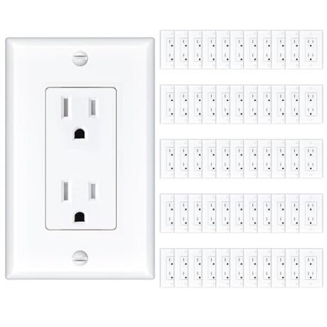 Amico 50 Pack Wall Outlet, 15 Amp Outlets, UL Listed, Tamper Resistant Standard Electrical Outlet, Decorator Receptacle with Wall Plate, Suitable for Home and Business, 125V/1875W, White