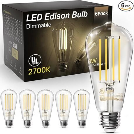 TJOY Edison Light Bulbs 60W Equivalent, Dimmable Vintage LED Light Bulbs, E26 Medium Base, Warm White 2700K, ST58, 8W, 800LM, 80+ CRI, Antique Decorative Filament LED Bulb, Clear Glass, 6 Pack