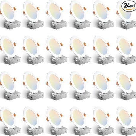 Amico 24 Pack 6 Inch 5CCT Ultra-Thin LED Recessed Ceiling Light with Junction Box, 1050LM Brightness, Dimmable Canless Wafer Downlight, 12W, ETL&FCC