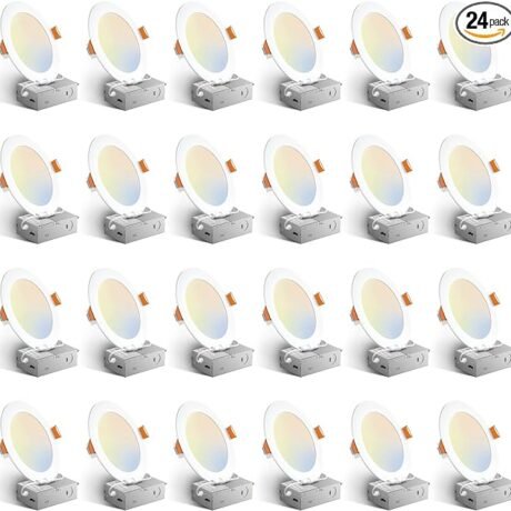 Amico 24 Pack 6 Inch 5CCT Ultra-Thin LED Recessed Ceiling Light with Junction Box, 1050LM Brightness, Dimmable Canless Wafer Downlight, 12W, ETL&FCC