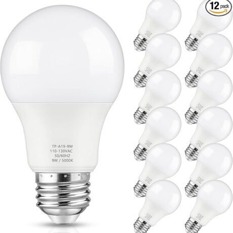 A19 LED Light Bulb, 60 Watt Equivalent LED Bulb, Daylight White 5000K, 850 Lumen, E26 Base, Non-Dimmable, 9W Bright White LED Bulb, 12-Pack
